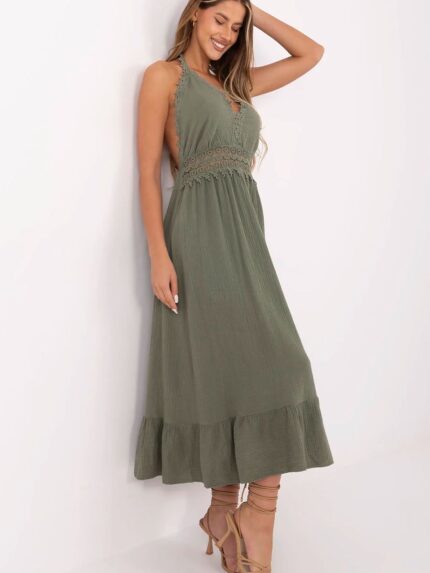 Effortless Summer Boho Dress Romantic Lace Flared Midi  Breathable Cotton  72cm Tie (213314)