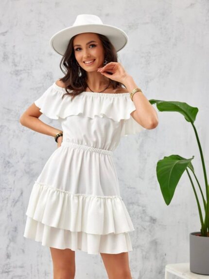 Effortless Chic Open Shoulder Ruffled Mini Dress Soft Fabric Elastic Waist Polish Made (182595)