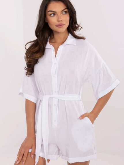 Light Muslin Cotton Jumpsuit Short Sleeve Button Front Belted Italy Moda Perfect Summer Style (213055)