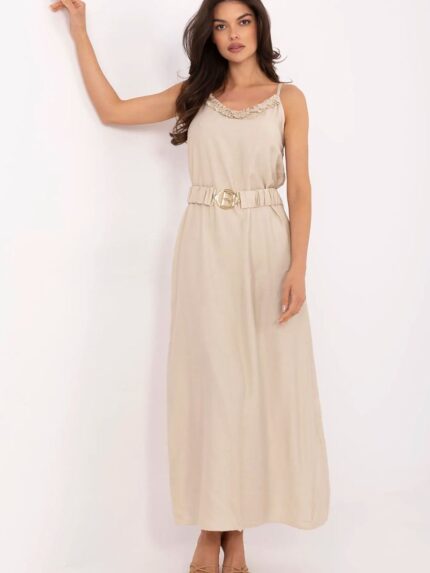 Elegant Viscose Maxi Dress Summer Style V-Neck Ruffle Detail Waist Belt Comfortable Chic (213543)