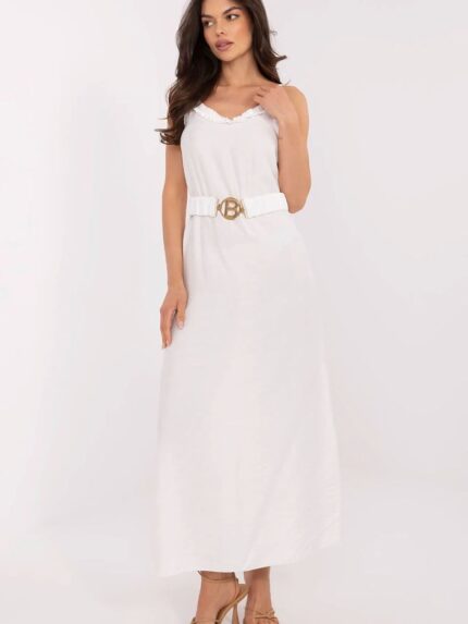 Viscose Maxi Dress Summer Style V-Neck Elegant Ruffle Detail Belted Waist Lightweight (213544)