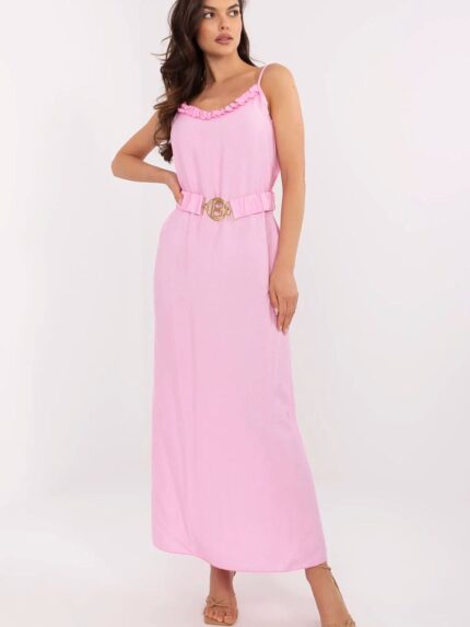 Elegant Viscose Maxi Dress Summer Style V-Neck Ruffle Detail Belted Waist Charming Women's Fashion (213545)