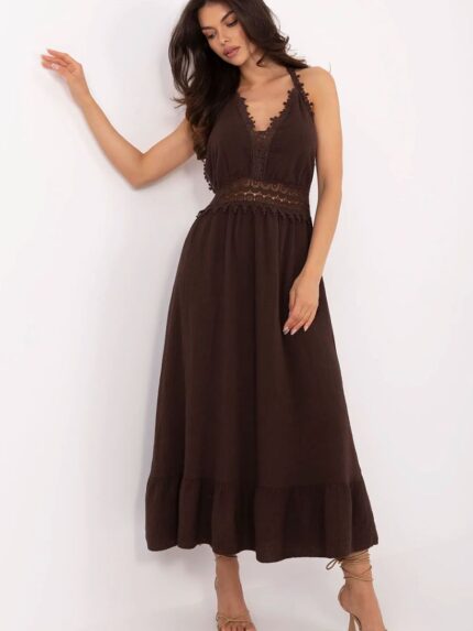 Flared Boho Midi Dress Summer Cotton Neck Tie Sweetheart Lace Women's Fashion Casual Beach (213551)