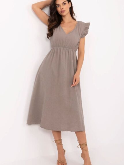 Effortless Summer Style Cotton Muslin Midi Dress Flared Cut Sweetheart Neckline Lacing Detail (213554)
