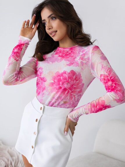 Elegant Colorful Print Tulle Blouse Long Sleeve Round Neck Top For Women (213558)