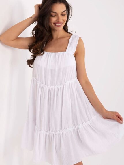 Muslin Cotton Summer Dress Flared Cut Above Knee Square Neckline Ruffle Detail Breathable (213608)