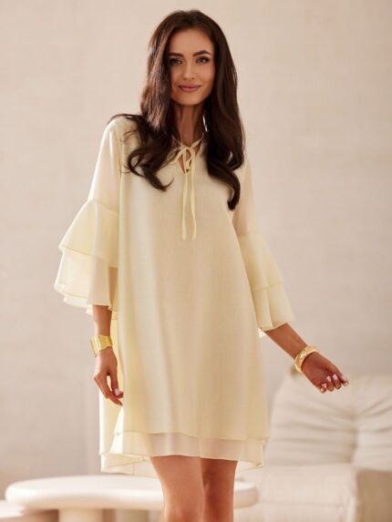 Lyocell Trapeze Dress V Neck Ruffle Sleeves Lightweight Knee Length Chic Style Roco Fashion (213616)