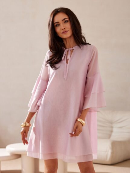 Lyocell Trapeze Dress V Neck Flounce Sleeves Lightweight Breathable Versatile Beatrice Roco Fashion (213617)