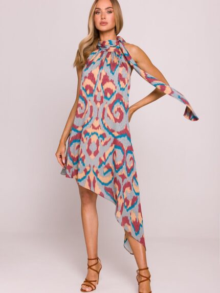 Flowing Jacquard Trapeze Dress Colorful Print Asymmetrical Hem Halter Neck Open Back Made in Poland (213663)