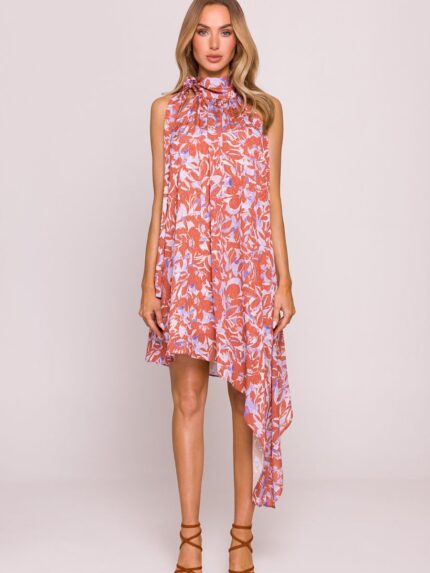 Multicolor Jacquard Trapeze Dress Halter Neck Asymmetrical Hem Made in Poland Perfect for Summer (213664)