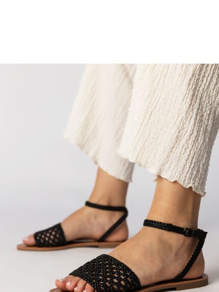 Black Woven Flat Sandals Women's Stylish Summer Gemre Comfort Shoes Fashionable Design (213764)