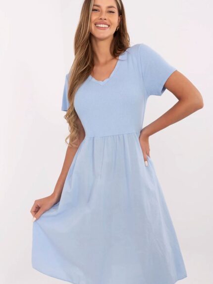 Flared Cotton Elastane Summer Dress V-Neck Ribbed Top Knee Length Pockets Feminine Styling (213787)