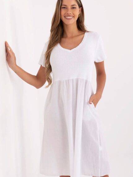 Flared Summer Dress Ribbed Top V-Neck Knee Length Cotton Blend with Pockets Breathable (213791)