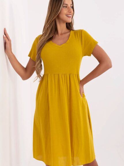 Flared Summer Dress Cotton Blend Sweetheart Neckline Ribbed Top Versatile Style Pockets (213793)