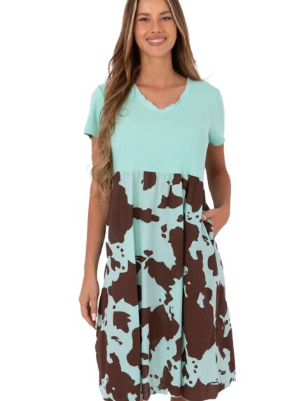 Flared Summer Dress Breathable Cotton Blend Ribbed Top Sweetheart Neckline Animal Print Pockets (213800)