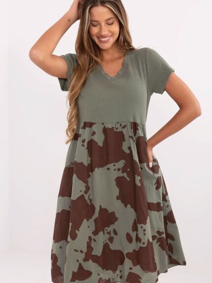 Flared Summer Dress Breathable Cotton Blend Ribbed Top Animal Print Knee Length Pockets (213801)