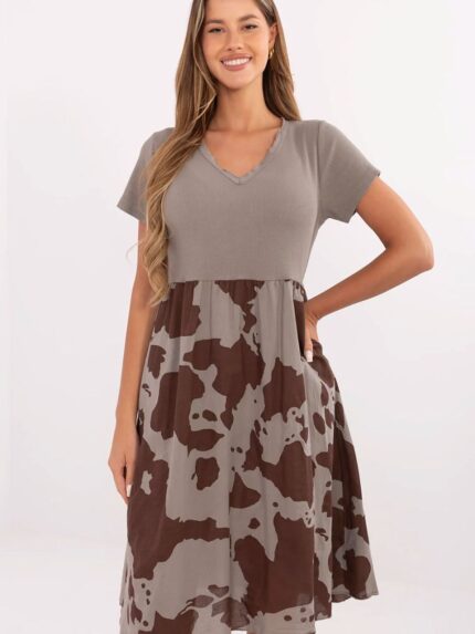 Flared Summer Dress Breathable Cotton Blend Ribbed Top Animal Print Pockets Italian Design (213803)