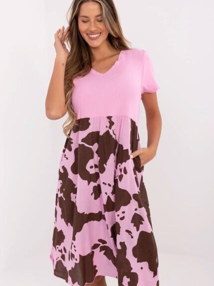 Flared Summer Dress Breathable Cotton Blend Ribbed Top Sweetheart Neckline Animal Print Pockets (213804)