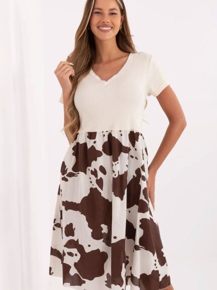 Flared Summer Dress Breathable Cotton Blend Ribbed Top Animal Print Knee Length Stylish Pockets (213805)