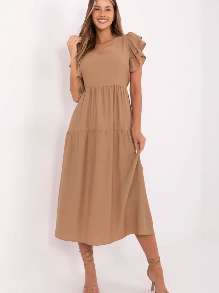 Flared Summer Dress Feminine Midi Viscose Blend Ruffle Sleeves Elegant Work or Everyday Wear (213807) - Image 1