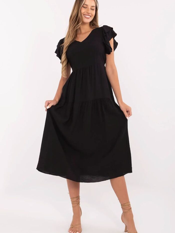 Flared Summer Dress Viscose Nylon Blend Midi Length Elegant Feminine V Neck Italy Moda (213809) - Image 1