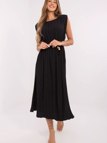 Flared Summer Dress: Lightweight Viscose Polyester Blend Sleeveless Midi with Shoulder Pads and Waist Tie (213813)