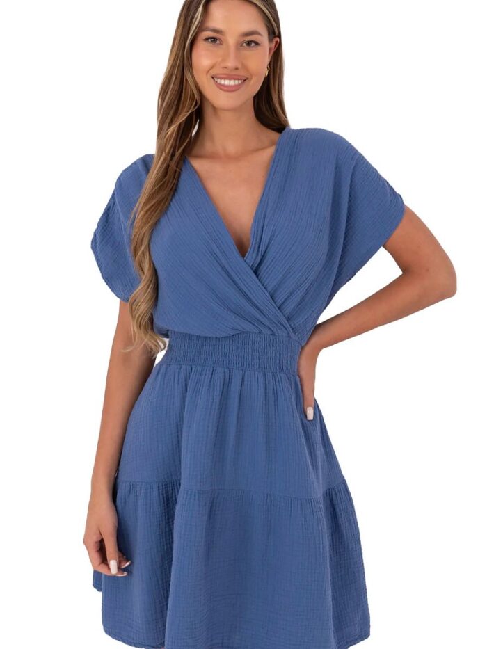 Light Cotton Muslin Summer Dress Flared Knee Length Wrap Neckline Ruching Waist Airy Comfort (213835) - Image 1