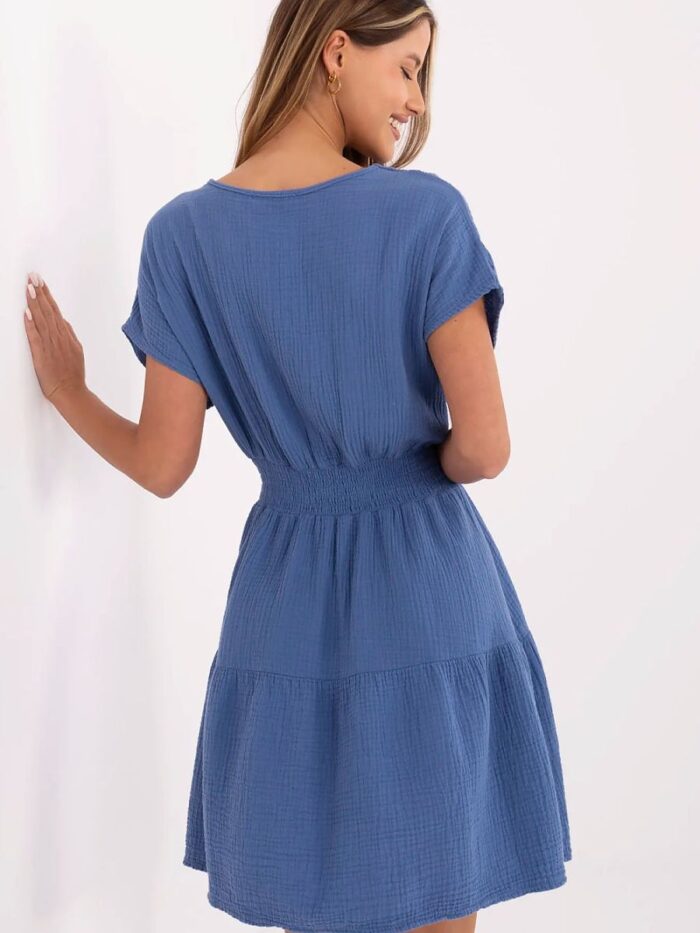 Light Cotton Muslin Summer Dress Flared Knee Length Wrap Neckline Ruching Waist Airy Comfort (213835) - Image 3