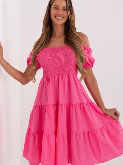 Flared Summer Dress Below Knee Cotton Blend Puffy Sleeves Romantic Ruffle Lightweight Chic (213838)