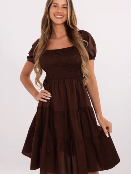 Flared Cotton Summer Dress Below Knee Ruffle Detail Rectangular Neck Puffy Sleeves Everyday Style (213839)