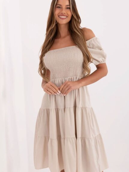 Flared Summer Dress Soft Cotton Midi Length Puffy Sleeves Elegant Casual Style Women's Fashion (213841)