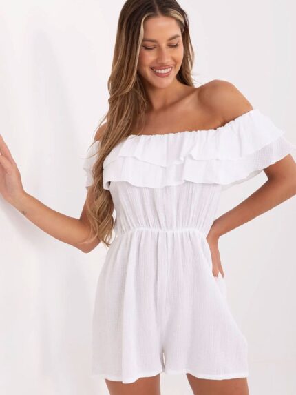 Effortless Summer Style Light Muslin Jumpsuit Off-Shoulder Ruffle Natural Cotton Comfort Versatile Everyday Wear (213847)