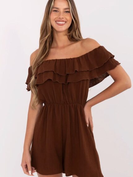 Effortless Summer Style Muslin Jumpsuit Natural Cotton Off Shoulder Ruffle Elastic Waist Perfect Fit Walk Beach Holiday (213848)