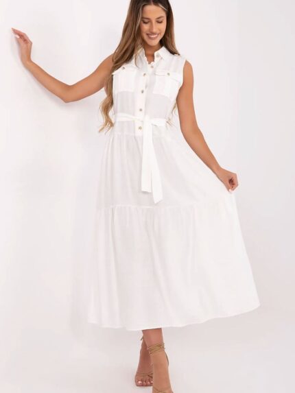 Flared Maxi Dress Viscose Blend Elegant Work Casual Style Sleeveless Button Down Belt Pockets (214036)