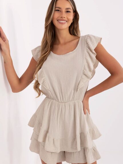 Soft Cotton Muslin Jumpsuit Women's Summer Romper Sleeveless Ruffles Tie Back Italian Style (214307)