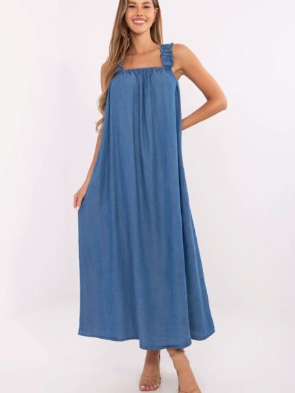 Oversized Lyocell Summer Denim Dress Lightweight Maxi with Ruching Details and Tie Back (214478)
