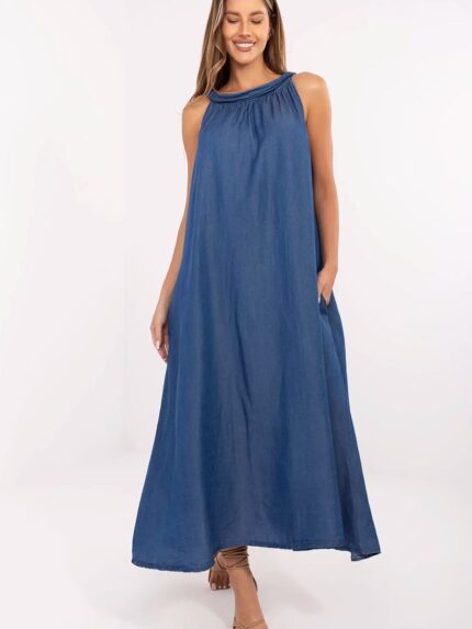 Oversized Lyocell Denim Maxi Dress Summer Comfort Lightness Casual Style Sleeveless Pockets Button Closure (214481)