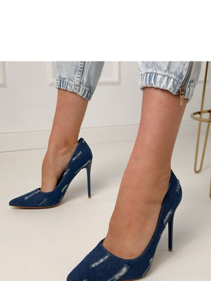 Denim High Heels Elegant Slimming Pointed Toe Unique Abrasions Urban Style Leg Lengthening (214618)