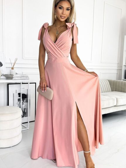 Numoco Pink Maxi Dress Elegant Bow Shoulder Slit Long Gown Made in Poland (177063)