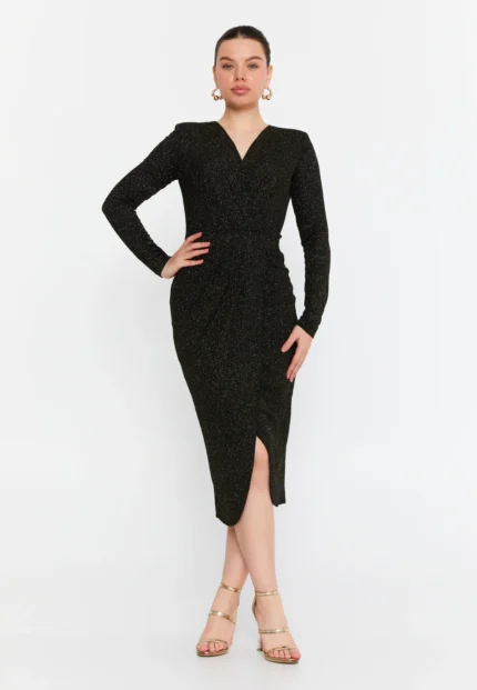 Long Sleeve Midi Lycra Column Regular Evening Dress (212308)